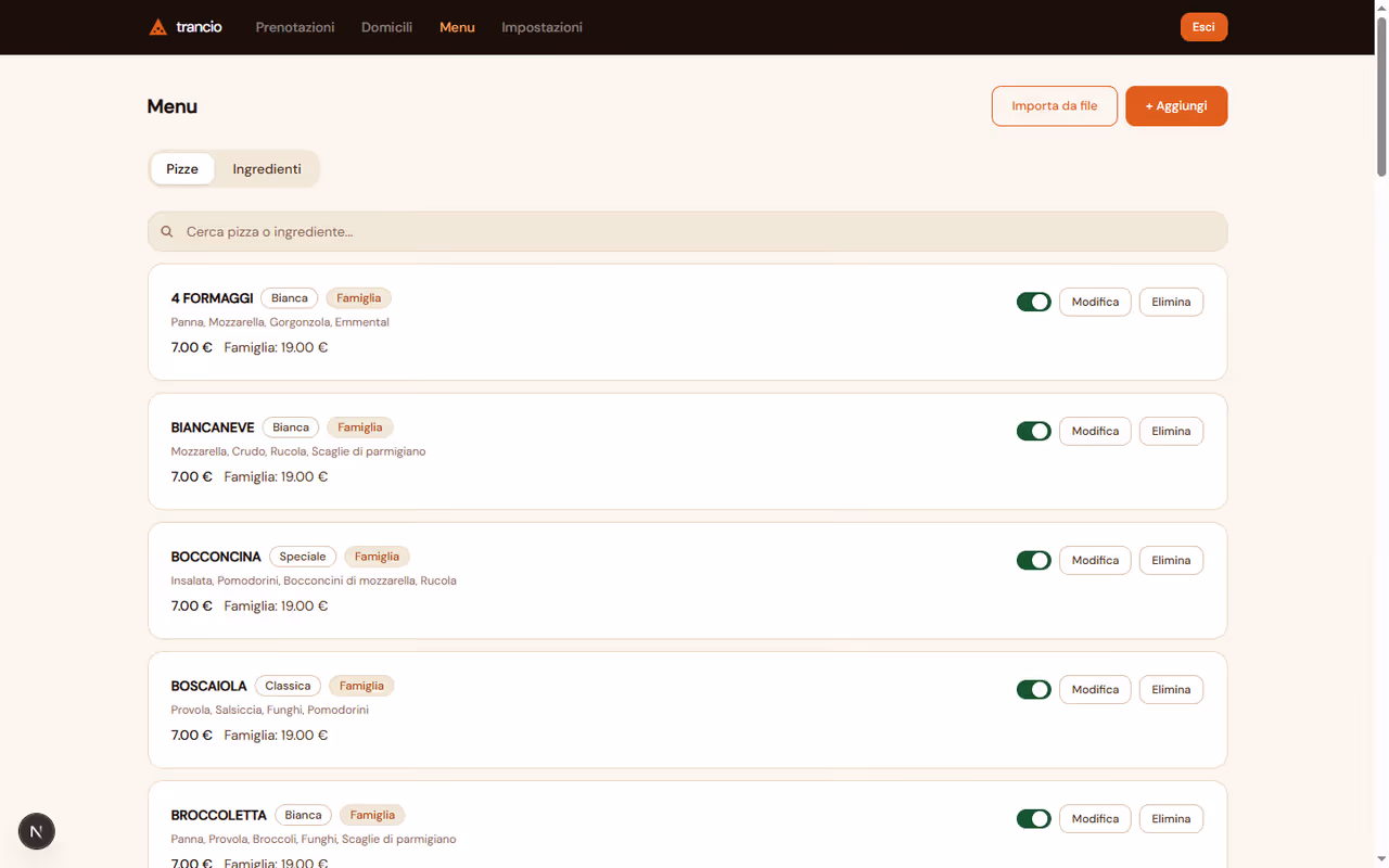 Gestione menu digitale — piatti, ingredienti e prezzi